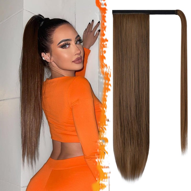 BARSDAR Straight Wrap Ponytail Extension - 26 Inch Long Straight Wrap Around Ponytails for Women, Clip in Ponytail Hair Extensions Synthetic Brown Pony Tails Hairpieces - Dark Brown & Auburn - Image 1